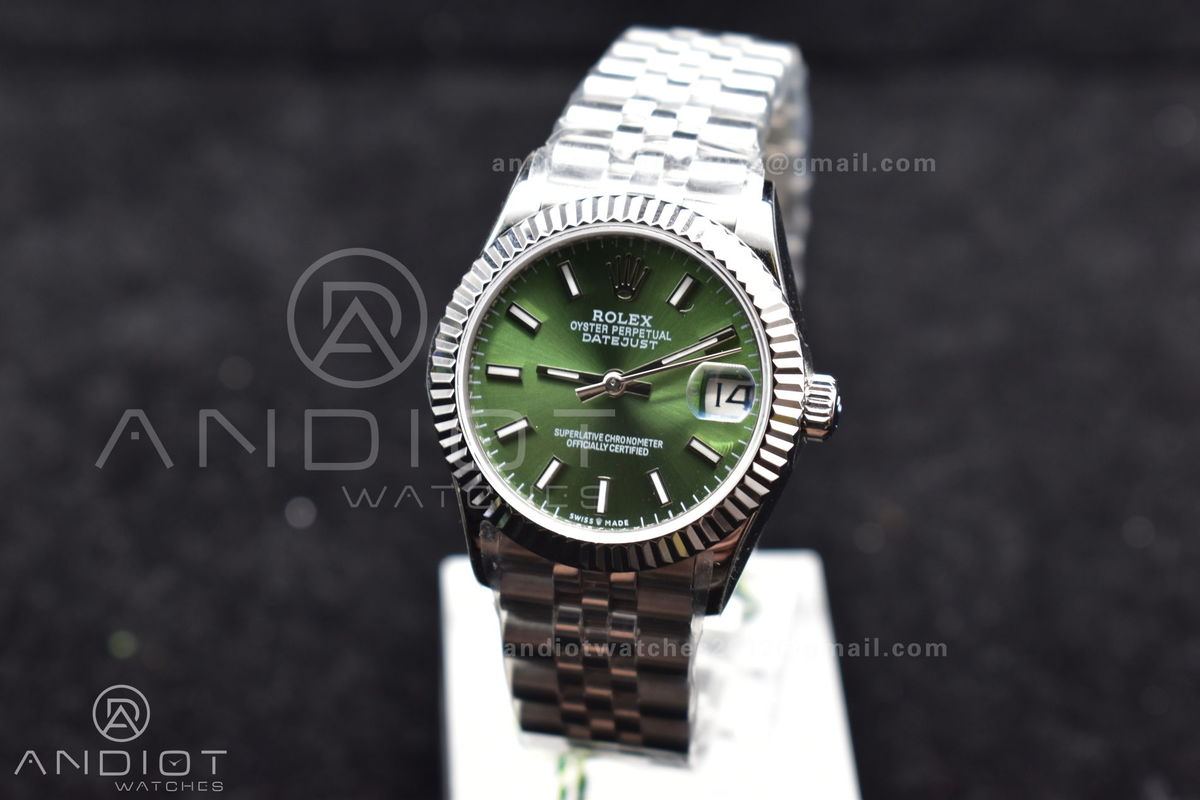 DateJust 31 Ladies 278289 WF 316L Steel Green Dial Stick Markers on President Syle Bracelet